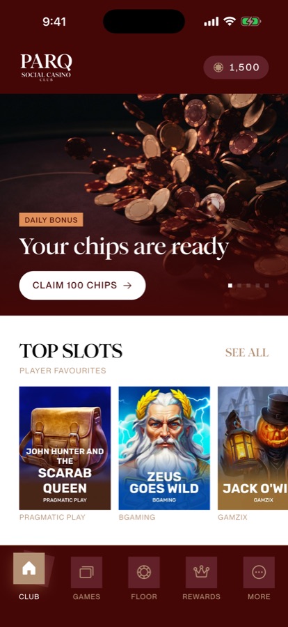 The Parq Social Casino Club home screen showing the daily bonus and top slots