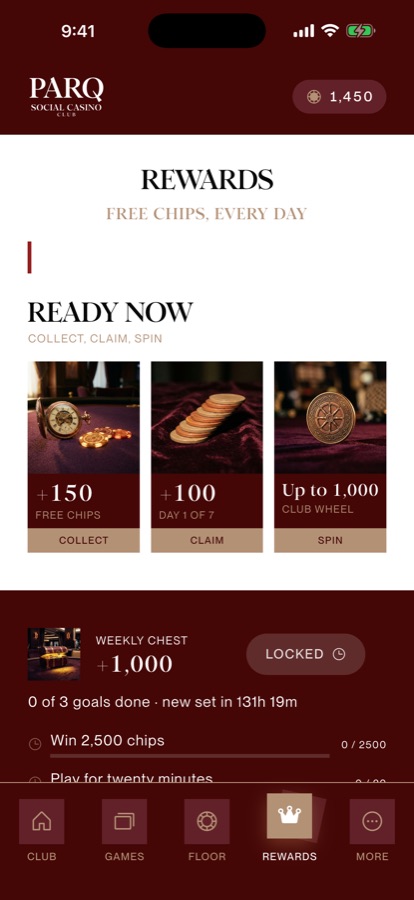 Rewards — Free chips on a timer, a streak and a weekly chest.